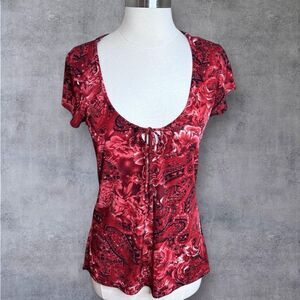 VTG Olivia Paige Slinky Knit Top M Red Paisley Tie Front Whimsigoth Romantic Y2k